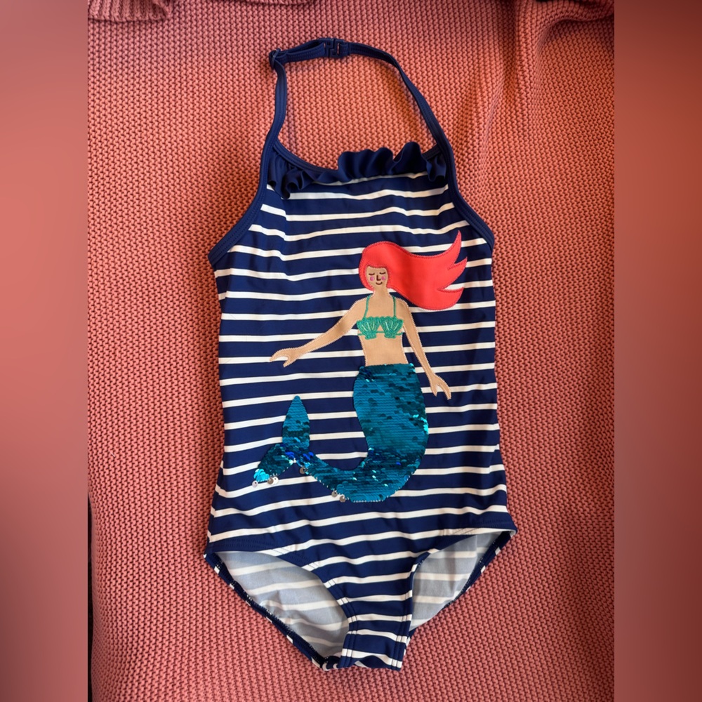 Boden Navy Blue Striped One-Piece Swimsuit with Mermaid Applique 6-7 122 cm